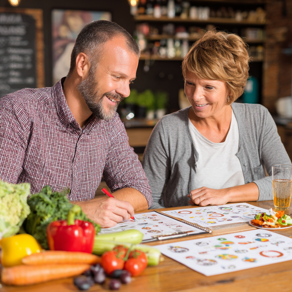 Nutritionist roman profesionist explicand planul de mese unei familii, cu alimente sanatoase pe masa