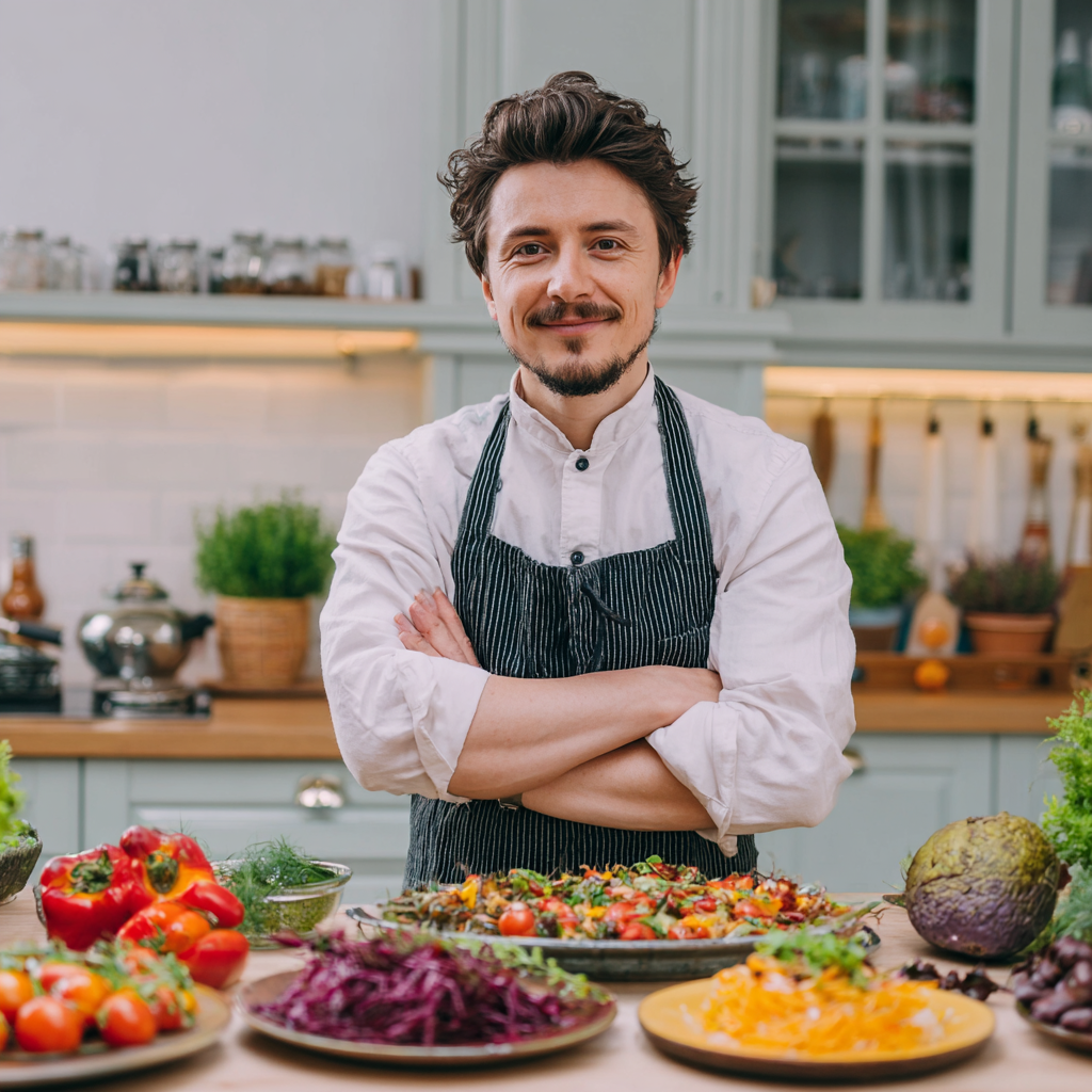 Cuplu roman de varsta mijlocie gatind impreuna, zambind si savurand procesul de preparare a unei mese sanatoase